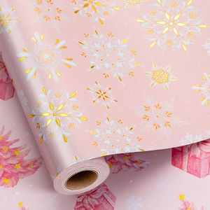 Rotolo di Carta da Regalo Natalizia Reversibile Riutilizzabile Rosa Oro Metallizzato con Fiocchi di Neve e Alberi, Carta da Imballaggio Ecologica per - Product Image 3