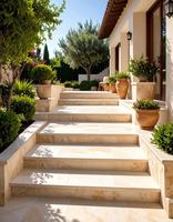 Marches d'escalier en grès personnalisées, blocs de pierre naturelle, surface de marche extérieure en pierre beige polie