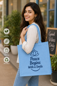 La Paz Comienza con una Sonrisa, Bolsa de Compras de Yute con Estampado de Loto, Tamaño Mediano, Asa Azul, Bolso Tote para Uso Diario - Product Image 3