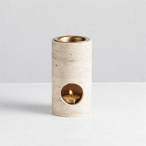 Diffuseur de bougies en pierre calcaire beige minimaliste moderne – Brûleur de parfum à bougie chauffe-plat avec insert en laiton doré - Product Image 1