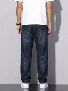 Jean droit délavé pour homme, taille mi-haute, coupe classique, en denim de coton, style décontracté, tissé uni, été-printemps, logo frontal - Product Image 3