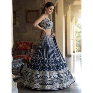 Magnifique Lehenga Choli de réception en Georgette brodé de sequins bleus pour femmes - Product Image 4