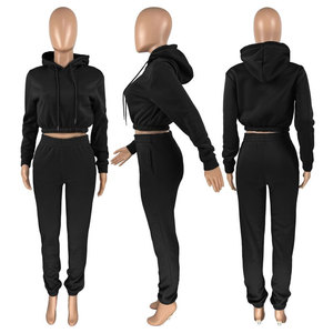 Conjunto de Sudadera Corta Negra y Pantalones Deportivos para Mujer, Color Sólido, Manga Larga, Informal, Transpirable, Tejido de Felpa, 100% Algodón, Invierno - Product Image 1