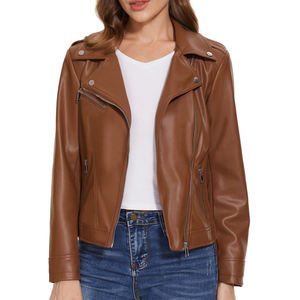 Women's Genuine Leather <b>Biker</b> <b>Jacket</b> (3 Colors) with Zip Pockets Windproof Regular Length Winter Season Finished - Product Image 1