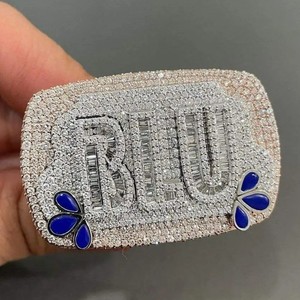 Iced Out <b>Gold</b> Plated S925 Silver <b>Cocktail</b> <b>Ring</b> Diamond Baguette Cut Letters Blue Inlay Pave Setting Hiphop Style Diamond <b>Ring</b> - Product Image 3