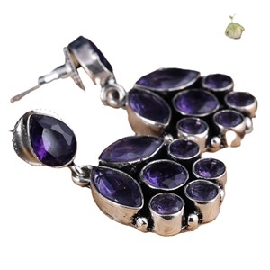 Boucles d'oreilles pendantes en argent oxydé faites à la main avec améthyste |   Bijoux ronds style bohème |   Boucles d'oreilles bohèmes pour femmes en gros, directement de l'usine - Product Image 2