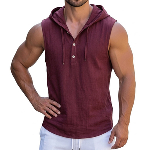 Factory rates Custom <b>Logo</b> Men's Muscle Fit Hooded Tank Top Button Up Henley Sleeveless Shirt Curved Hem Summer Fitness Tank Tops - Product Image 5