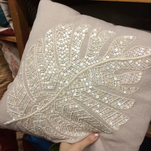 Monstera Leaf Sequin Beaded Cushion Cover Linen Cotton Fabric Hand Embroidered <b>Throw</b> <b>Pillow</b> Case For Couch Sofa Office Home - Product Image 1