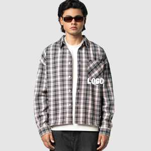 Men's Plaid <b>Flannel</b> Down-Filled Woven Turn-down Collar Single Button Overshirt Wholesale Custom Long Sleeve Cotton Shacket - Product Image 5