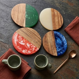Modern Round Wood <b>Coaster</b> <b>Set</b> Black White Zigzag Pattern Non-Slip Mats & Pads - Product Image 4