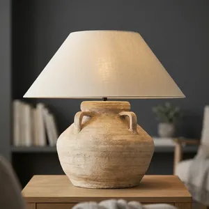 Lámpara de Mesa de Cerámica Terracota, Hecha a Mano, Estilo Contemporáneo, Ecológica, Decorativa, con Pantalla de Tela, para Diwali - Product Image 3