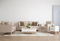 Sofá Moderno de Tres Plazas con Relleno de Espuma y Tapizado en Tela, Patas de Madera Maciza y Brazos Curvos para Villa, Hotel, Oficina, Sala de Estar o Salón