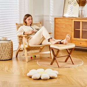 Natural Seagrass Ottoman Footstool with <b>Wooden</b> Legs Rectangular Hand-Weaved Footrest Pouf for Living Room <b>Bench</b> - Product Image 5