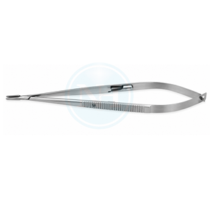 Portaagujas Castroviejo de acero inoxidable, mango plano, mandíbulas con punta de diamante, mandíbulas rectas de 1.2 mm - Product Image 1