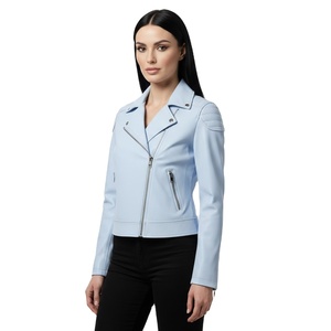Veste de moto en cuir bleu clair pour femmes, design personnalisé, fabricant en gros, style motard authentique pour femmes - Product Image 1