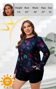 Custom Women Two Piece Rash Guard <b>Swimsuit</b> <b>Long</b> <b>Sleeve</b> Top With Tropical Print Shorts For Swimming Beach And Surf - Product Image 5