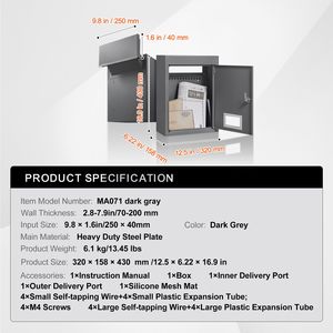 Cassetta Postale da Parete in Acciaio Resistente 2.8x7.9x13 Pollici con Serratura a Combinazione 12.5x6.3x16.9 Pollici, Organizzatore da Parete per Oggetti - Product Image 5