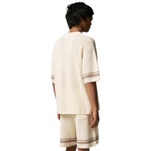 Crochet Knitted Contrast Stripe T Shirt <b>Neutral</b> Short Sleeve Textured Summer Casual Top Breathable Knitwear - Product Image 5