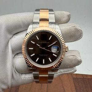 Montre de luxe Hip Hop bicolore or rose et acier inoxydable 40 mm, cadran marron chocolat, lunette cannelée, mouvement ETA de haute qualité - Product Image 1