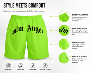Shorts de bain pour hommes vert fluo à séchage rapide, légers, imprimés, avec cordon de serrage et taille élastique, pour la plage et l'été - Product Image 2