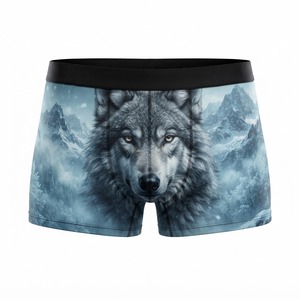 Boxers pour hommes à imprimé loup, taille mi-haute, taille élastique, en polyester tricoté respirant, avec impression par sublimation, style décontracté - Product Image 1