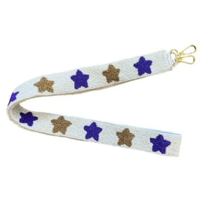 Correa de bolso con cuentas de colores personalizables, hecha a mano, con diseño de estrellas elegantes en colores granate y blanco. - Product Image 1