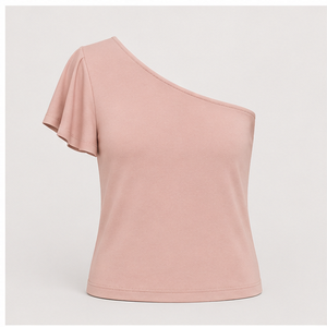 T-shirt rose poudré asymétrique à manches volantées coupe ajustée pour femme WTS-0140 - Product Image 1