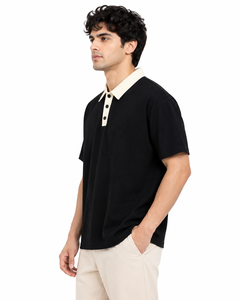 Premium Men's Black Polo T <b>Shirt</b> Contrast White Collar Cotton <b>Half</b> Sleeve Polo Tee Casual Smart Casual Golf <b>Shirt</b> <b>Button</b> Placket - Product Image 2
