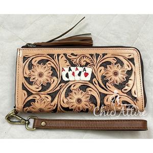 Nueva Cartera de Cuero Floral Grabada a Mano Personalizada con Cremallera, Diseño de Tarjetero de Cuero Genuino, Monedero con Protección RFID y Correa de Muñeca para Mujer - Product Image 1