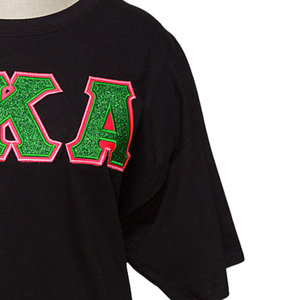 Black Short Sleeve T-Shirt with Green and <b>Pink</b> AKA Graphic Embroidery Crew Neck Casual Cotton Tee Streetwear Fashion <b>Top</b> Women - Product Image 5