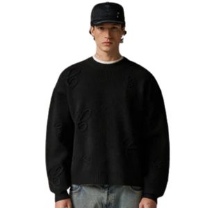Suéter de Punto con Apliques Script, Suéter Negro Bordado, Cuello Redondo Informal, Algodón Premium, Ropa de Invierno Cómoda, Moda Masculina - Product Image 6
