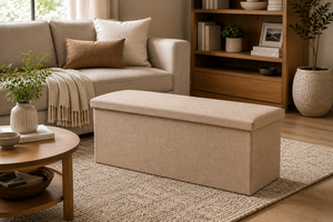 Banc de rangement moderne pliable en tissu de qualité supérieure, couleur beige neutre, pour salon - Product Image 4