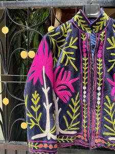 Ethnic Navy Velvet <b>Embroidered</b> <b>Jacket</b> With Floral Pattern Full Sleeve Stand Collar Handmade Bohemian <b>Women</b> Winter Outerwear - Product Image 3
