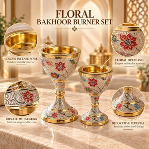 Ensemble de brûleurs à bakhoor en laiton floral, porte-encens en métal orné |   Mabkhara Oud Arabe Gravée, Décoration Islamique, Paire de Socles Dorés - Product Image 5