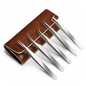 Silver Stainless Steel Angled Volume Eyelash Tweezers Set 5 PCS Pointed Tip Extension <b>Tools</b> with PU Leather Case - Product Image 3