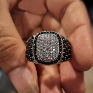 Men's Black & White Moissanite Diamond Cluster Pinky <b>Ring</b> <b>925</b> Sterling <b>Silver</b> Signet <b>Ring</b> Hip Hop Style Iced Out Bling Jewelry - Product Image 1