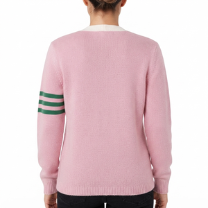 2026 <b>Custom</b> University Sorority Pink Cardigan Acrylic Knit Women's Sweater V Neck Fraternity Greek Chenille Logo Striped Varsity - Product Image 4