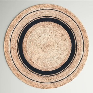 <b>Round</b> Natural <b>Jute</b> Braided Area <b>Rug</b> With Black Stripes Flat Pile Farmhouse Style Living Room Carpet - Product Image 1