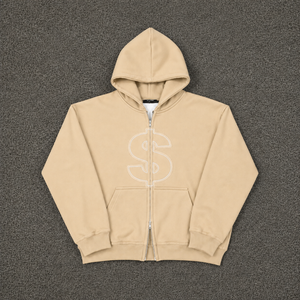 Sudadera con capucha beige extragrande con cremallera y logo de signo de dólar, diseño gráfico de streetwear personalizado, unisex, informal, a la moda, en oferta. - Product Image 5
