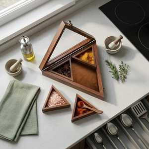Wooden Spice <b>Box</b>, Triangular Shape with Four Containers, Indian Rosewood Crafted - Gift for Her - Product Image 6