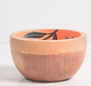 Bol en bois fait main avec imprimé floral orange, rétro, en bois de manguier, pour servir des salades et des en-cas, à utiliser sur la table - Product Image 3