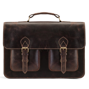 Nuevo Maletín de Cuero Vintage de Moda con Bolsillos de Doble Hebilla, Logotipo Personalizado, Cierre de Cremallera de Cuero Genuino, Bolsas para Portátil - Product Image 1