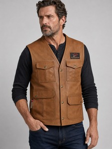 Modern men <b>leather</b> <b>vest</b> designed with durable stitching smooth lining useful pockets and relaxed fit for travel and daily wear - Product Image 1