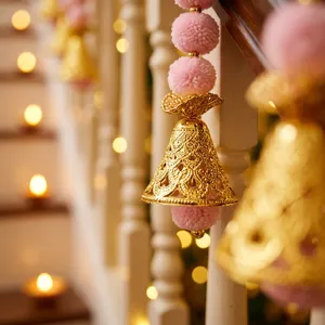 Pink <b>Pom</b> <b>Pom</b> <b>Tassel</b> <b>Garland</b> With Gold Bells Hanging Decor For Indoor Home Staircase Bohemian Style - Product Image 3