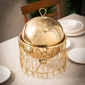 Elegant Gold Finish Chafing Dish Featured Inside An Intricate Branch Style Wire <b>Stand</b> With Dome Lid Ideal For Buffets & Wedding - Product Image 1