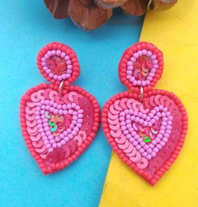 Heart Earrings Handmade Seed Bead Embroidery <b>Red</b> Pink <b>Sequin</b> Beaded Jewelry Valentine Design Statement Party Accessories Custom - Product Image 2