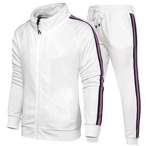 Chándal blanco para hombre, manga larga, con cremallera, capucha, deportivo, con rayas laterales, bolsillos, transpirable, para invierno, corte regular, 100% algodón - Product Image 1