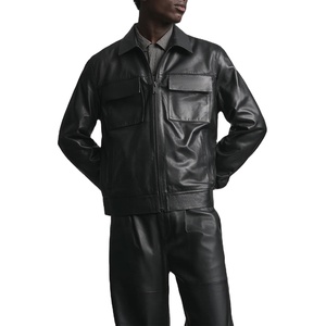 Conjunto de Chaqueta y Pantalones de Cuero Negro para Hombre, Manga Larga, Cierre de Cremallera, Cuello Camisero, Ropa Casual de Invierno, Color Sólido, Corte Regular - Product Image 5