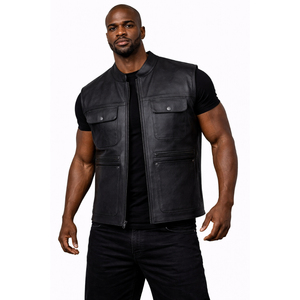 Gilet de motard en cuir noir pour homme, sans manches, fermeture éclair sur le devant, col mandarin, imperméable, respirant, style moto - Product Image 1