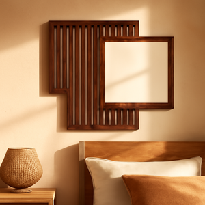 Geometric Walnut Wood Framed <b>Wall</b> <b>Mirror</b> with Slatted Design | Modern Home Decor | Wholesale OEM - Product Image 2
